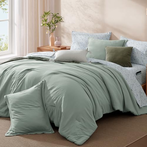 Monbix Full Size Comforter Set - 7 Pieces Sage Green Prewashed Bed in a Bag Full Bedding Sets with Comforters, All Seasons Ultra Soft Comforter Bed Set with Sheets,Pillowcases & Shams