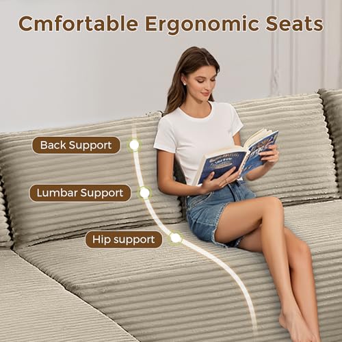 Image of 133 inch Oversized Cloud Boneless Sofa Couch with Chaise, Modern Corduroy U Shaped Modular Sectional Sofa with Deep Seat, Comfy Couch with Cupholders and Storage, No Assembly Required-Camel