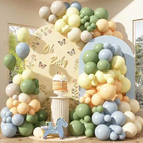 Image of Blue and Green Balloon Arch Kit 115Pcs Dusty Blue Sage Green Balloons Garland Slate Yellow Cream Nude Beige White Sand Birthday Party Balloons for Boys Bear Bee Honeycomb Baby Shower Decorations