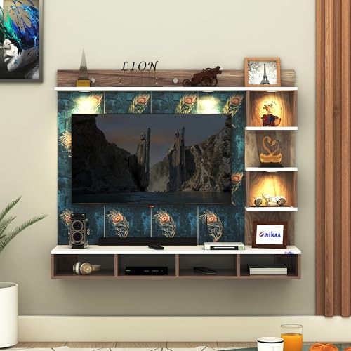 Image of Anikaa Kirina Engineered Wood Wall-Mount TV Unit with Printed PVC Back Panel & LED Lights | TV Cabinet with Storage Box & Decorative Shelves (Coachwood /White) for TVs up to 40 Inch | DIY Installation