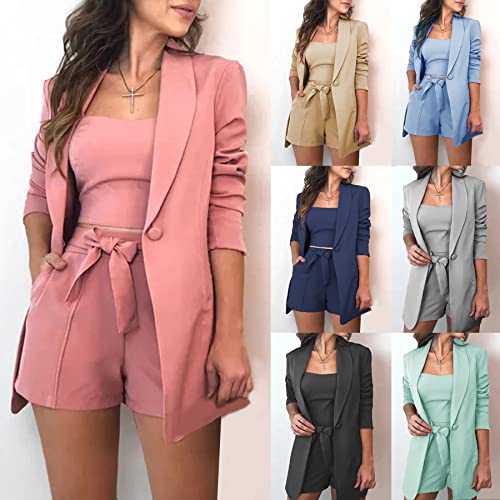NRTHYE Women Sexy Bussiness Outfits 3 Piece Open Front Button Blazers + Crop Tops + Belted Shorts Set Jumpsuits2