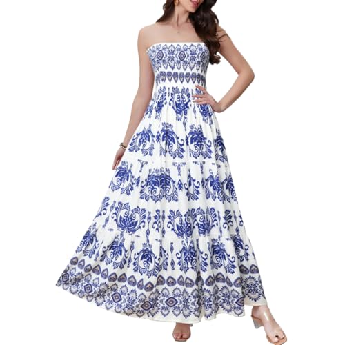 Image of Women's Summer Strapless Tube Top Maxi Dresses Off Shoulder Boho Beach Long Dress
