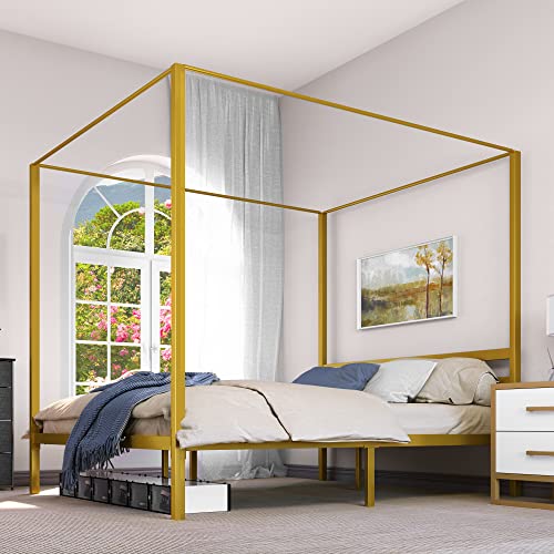 YITAHOME Metal Four Poster Canopy Bed Frame 14 Inch Platform with Built-in Headboard Strong Metal Slat Mattress Support, No Box Spring Needed, Gold, King Size Alloy Steel Gold King