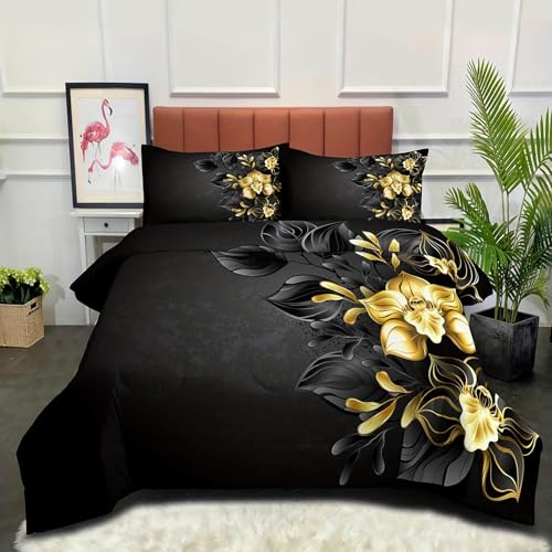 Linge de lit doux pour la peau en microfibre imprimée motif fleurs or et noir - 2