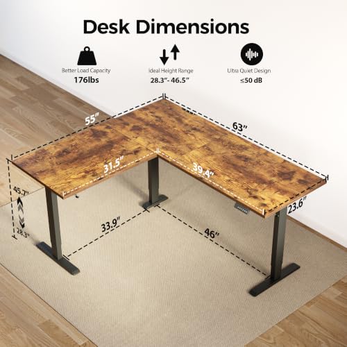 Image of Agilestic L Shaped Standing Desk 63 x 55 inch Adjustable Height, Electric Corner Standing Desk, Sit Stand Computer Table with Splice Board, Vintage Brown