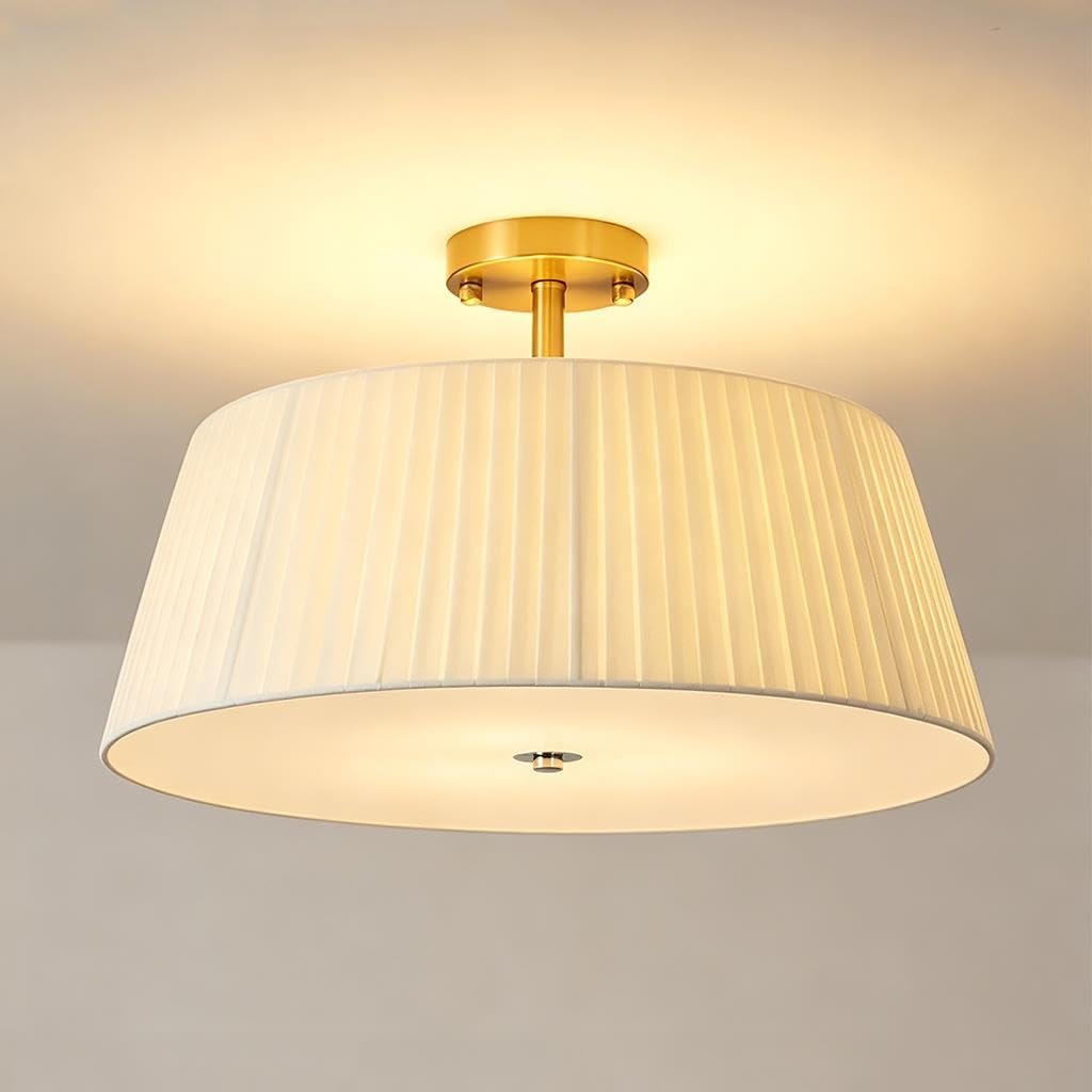 HYKISS Plafonnier Semi-Encastré Style Crème 3 Culots E27 Réglable à 3 Températures de Couleur Abat-jour en Tissu Plissé Luminaire de Plafond Moderne pour Chambre à Coucher et Salon(50cm)