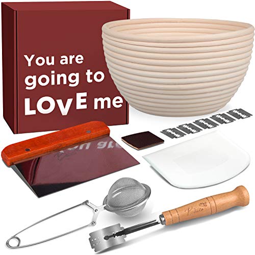 Tall Bread Banneton Proofing Basket, 1 inch Taller Banneton Basket. Proofing Baskets for Bread Baking + Liner + Bread Lame + Dough Scraper + Bench Scraper + Flour Duster for Baking. Gifts for Bakers.