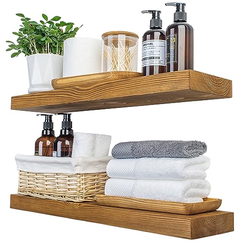XWNE Wood Floating Shelves,24 inch Rustic Wood Wall Shelves for Bathroom Living Room Bedroom Kitchen Farmhouse Laundry Room Set of 2,Handmade-Thickened Wall Shelf,Oak Color