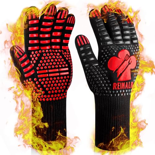 Reinalin Grillhandschuhe Hitzebeständig bis 800°C, Ofenhandschuhe Topfhandschuhe Feuerfeste Handschuhe BBQ Handschuhe Kochhandschuhe Backhandschuhe Backofenhandschuhe (L/XL/XXL, Rot)