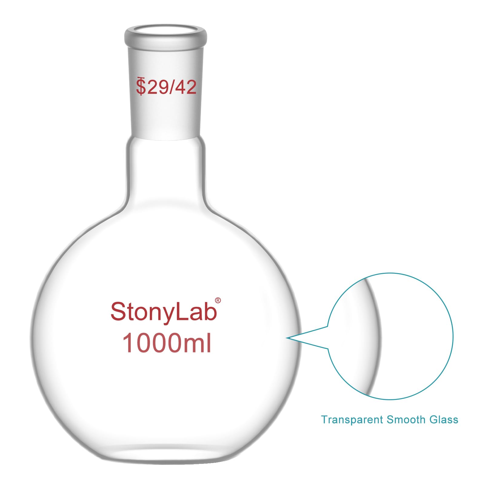 stonylab Verre Ballon à Fond Plat avec col Unique, Single Neck Flat Bottom Boiling Flask Ballon D'ébullition avec Joint Extérieur Standard 29/42, 1000 ml