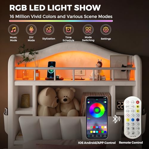 Image of Beige Twin Size LED Bed Frame with Storage Headboard, Upholstered Velvet Princess Bed for Girls with 5 Charging Ports (USB-C & AC), Hidden Privacy Compartment, Sturdy Aluminum Frame & 1 Silent Drawers