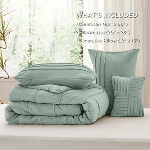 Image of Bedsure Queen Comforter Set - 4 Pieces Pinch Pleat Bed Set, Sage Green Boho Bedding for All Season, 1 Soft Comforter, 2 Pillowcases, 1 Decorative Pillow