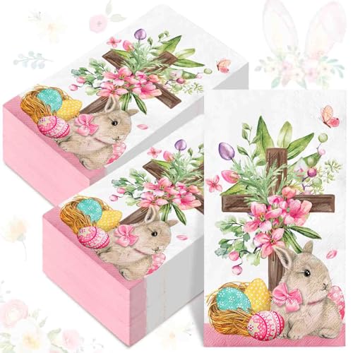Whaline 80 Sheet Easter Guest Napkins Watercolor Bunny Egg Cross Flowers Disposable Paper Napkins Spring Dinner Hand Napkins for Home Kitchen Bathroom Party Supplies, 13 x 15.7 Inch