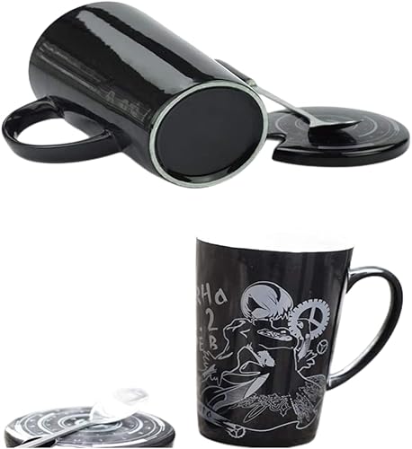 Miniatura 6 de damdos Tazas de café para autómatas Cosplay 2B, tazas de café de cerámica con tapa, bebida diaria, té, leche, vaso de café (12 onzas)