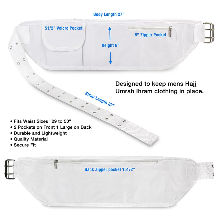 Mens Hajj & Umrah Ahram Ihram Belt - Adjustable Design Fits Up to 50" Waist - Perfect for Tawaf - Lightweight and Ihram Belt for Hajj with Front and Zippered Compartments - (White)2