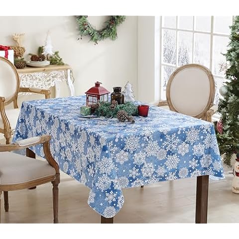 Newbridge Winter Holiday Blue Snowflakes Vinyl Tablecloth with Flannel Backing, Crystal Snowflake Christmas Easy Care Wipe Clean Tablecloth, 60” x 102” Oblong/Rectangle Cover