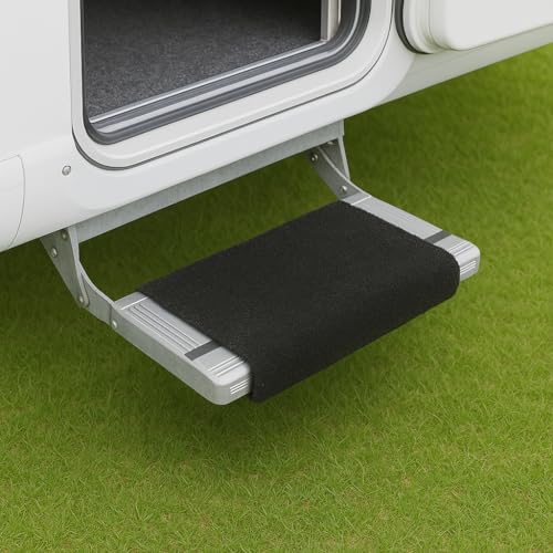 Wohnmobil Trittstufen Fußmatte Teppich für Wohnwagen & Camper Wetterfest & rutschfest Trittstufenmatte 430x370 mm mit Spannfedern Schwarz