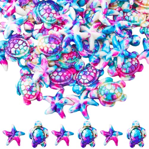 SUNNYCLUE 100PCS 2 Styles Purple Turquoise Beads Turtle Starfish Beads Summer Hawaii Ocean Animal Sea Life Lucky Gemstone Loose Spacer Bulk for Jewellery Making Beading Kit Bracelets Craft