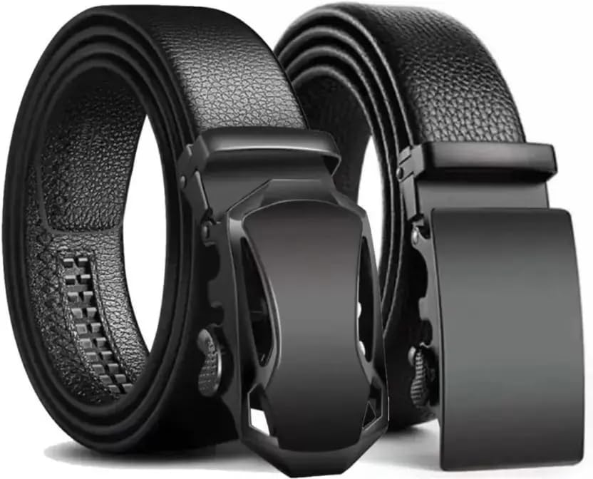 Men's Leather Belt with Automatic Buckle, Black, Ratchet Design, Formal Business Casual Style