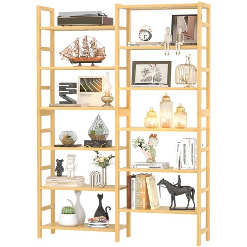 Homykic Double Wide Bamboo Bookshelf, 6-Tier Large Open Bookcase with 12 Display Shelves, 6ft Tall Freestanding Book Shelf for Home Office, Bedroom, Living Room, Plants, Natural