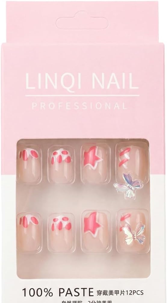 Professional Press On Nails Cute Holographic 3D Bow Fake Nails Pack of 12 Design 1