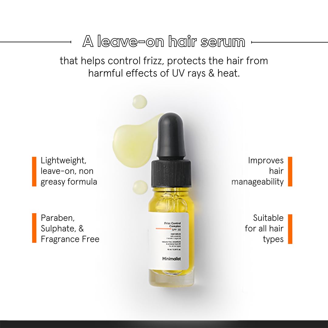 Minimalist Hair Serum for Dry Frizzy Hair with SPF 30, Keratin, Argan Oil & Ceramides| Heat Protection Serum, Smoothens & Protects From UV | Lightweight | Leave In For Women & Men | 10 ml