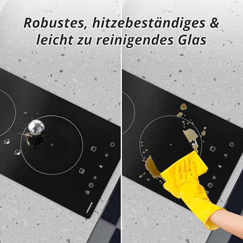FIREGAS Einbau-Induktionskochfeld,2 Kochzonen,3700 W,9 Leistungsstufen mit Boost-Funktion,Touch-Bedienung,Timer bis 99 Minuten, Kindersicherung