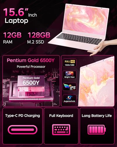 Image of Pink Laptop 12GB RAM, 15.6 Inch FHD Laptops with Pentium Gold (Beats Pentium, Celeron), 128GB SSD, USB C, USB 3.0, HDMI, Lightweight Laptop for Student & Everyday Use