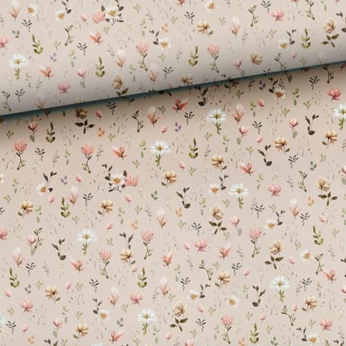Tela de rizo francés de 50 x 160 cm, venta por metros, con flores en color beis, tela infantil para niñas y mujeres, tejidos para coser para niños y bebés, tejido de verano para niños, tejido