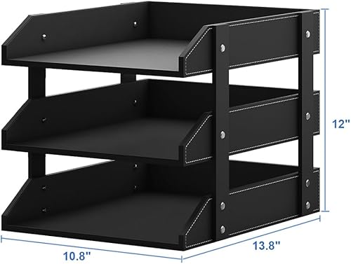 Miniatura 9 de Thipoten - Organizador de escritorio de cuero, 3 niveles apilable para suministros de oficina, papel, archivo, revista, organización de oficina