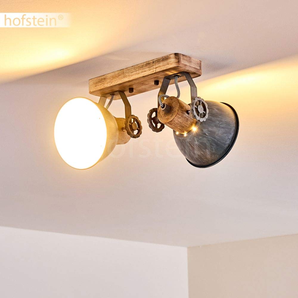 Plafoniera Orny, 2 luci, con faretti regolabili, lampada da soffitto in metallo/legno in grigio/bianco/marrone, 2 x attacco E27, faretto dal design retrò/vintage, senza lampadina/e