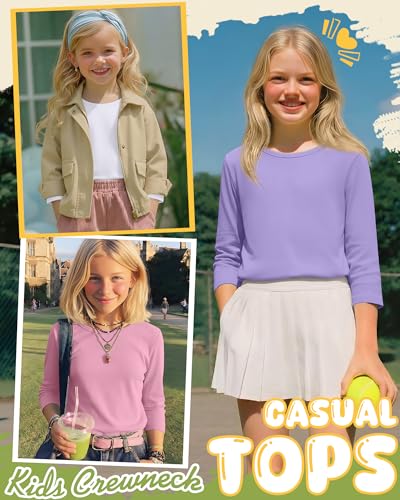 Image of 4 Pack Girls 3 /4 Sleeve T Shirts Kids Crewneck Elbow Sleeve Casual Tops Solid Basic Cute Teen Tees 5-14Y
