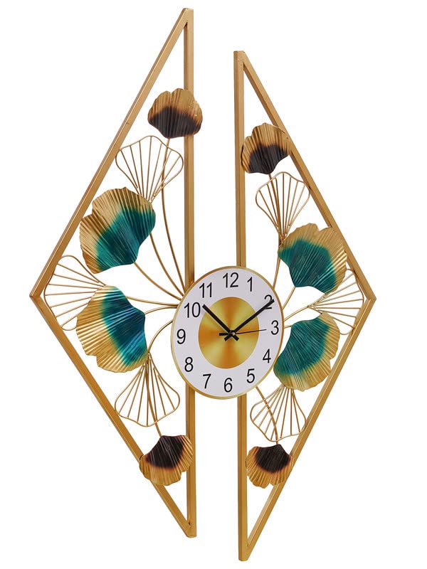 Image of CHRONIKLE Stylish Wall Art Floral Design Analog Metal English Numbers Wall Clock for Living Room Home Decoration Office Gifts (Size: 68 x 1 x 97 CM | Weight: 2230 Gram | Color: Golden & Green)