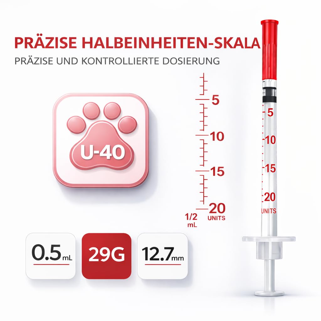 Lot de 100 tubes doseurs de précision U40 de 0,5 ml, 29 g x 1/2" (0,33 x 12,7 mm), emballés individuellement pour les soins des animaux et les applications de laboratoire