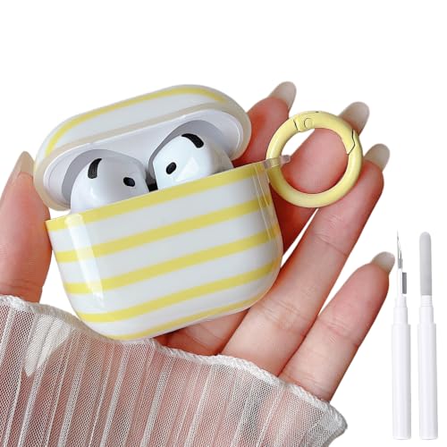 Image of MINSCOSE for AirPods 4 Clear Case,Cute Stripes Aesthetic Pattern Design with Trendy Keychain Ring,Soft TPU Anti-Drop Shockproof Protective Cover with Cleaner Kit for Girls Women-Yellow