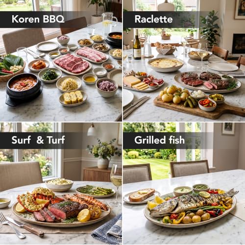 Image of OVENTE 2-in-1 Electric Indoor Grill Non-Stick Cooking Plate, Beige BQR1502B | 1500W Smokeless Korean BBQ Griddle with, 3 Raclette Cheese Pans, Adjustable Temperature Control, Dishwasher Safe