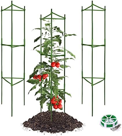 3 Pack Tomato Cages for Garden Plant Support, Up to 48Inch Tomato Trellis Assembled Garden Stakes, Plant Trellis with 66Ft Twist Tie, Fit Vertical Climbing Plants, Vegetables, Flowers