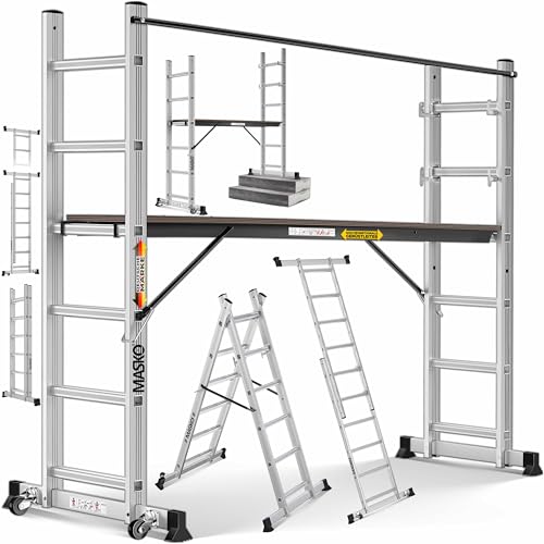 Masko® Baugerüst Alugerüst Gerüst 𝟰𝗶𝗻𝟭✓ Anlegeleiter ✓ Bockeiter ✓ Arbeitsgerüst ✓ treppenleiter✓ Arbeitsbühne | bis 150 KG belastbar | Anti-Rutsch beschichtet | Gerüstleiter | GS geprüft (EN 131)
