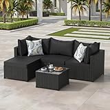 Patio Furniture Set, 5PCS Outdoor Sectional with Ottoman Wicker Rattan Patio Couch with Thickened Cushion Modular Wicker Patio Conversation Set with Glass Top Table for Balcony, Backyard (Black)