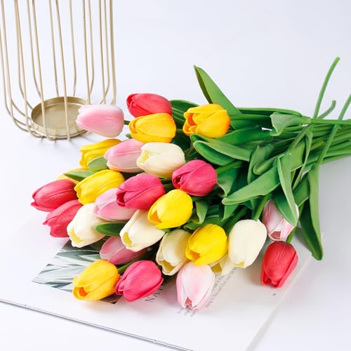 Image of Sggvecsy 30 Pcs Fake Tulips Artificial Flowers Real Touch PU Faux Flowers Tulip Stems for Wedding Spring Bouquet Floral Arrangement Home Office Party Decorations for Mother's Day (Multi Colors)