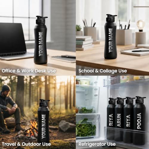 Image of Speedex Customised Stainless Steel Sipper Water Bottle 1 Ltr with Engraved Name - Personalised Flip Cap Bottle for Kids, Adults, School, Sports, Gym, Black, Set of 1