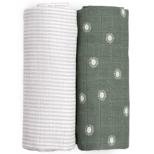 Image of Little Unicorn 100% Certified Natural Organic Cotton Muslin Swaddle Blanket 2 Pack | Giftable Set of 2 swaddles (Sage Suns)