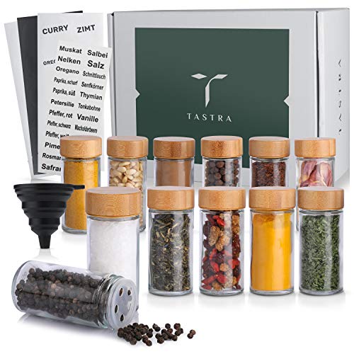 TASTRA® 12er Set Gewürzgläser mit Bambusdeckeln- 100ml Gewürzdosen- Gewürzaufbewahrung inkl. Gewürzetiketten+ verschiedene Streueinsätze+Trichter