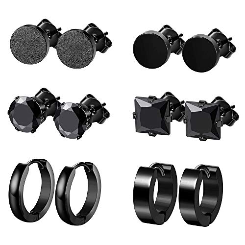 FINREZIO 6 Pairs Stainless Steel Black CZ Hoop & Stud Earrings Set for Men Women Unisex Cubic Zirconia Ear Piercing Jewelry Hypoallergenic Black
