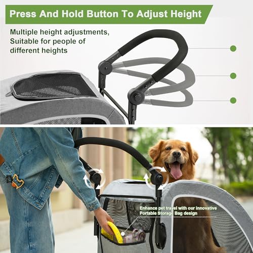 Image of Dog Stroller for Large & Medium Dogs, Dual Entry, 160 lbs Capacity, Gray | Folding Pet Stroller, Adjustable Handle, All-Terrain 4-Wheel, Breathable Mesh & Built-in Safety Leash for Outdoor Trips