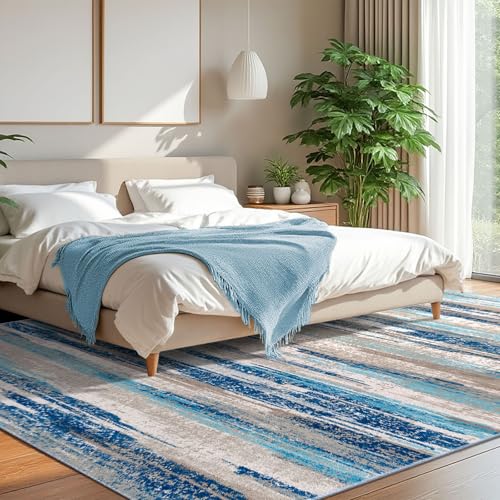 Lansny Modern Abstract 8x10 Large Machine Washable Living Room Rug Non-Slip Soft Bedroom Area Rug Blue Ultra Thin Print Faux Wool Carpet Throw Rugs for Nursery Playroom Dining Room Indoor Office - Image 2