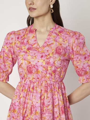 Image of PIDAVLIYA'S Women's Floral Summer Maxi Dress I Cotton Printed I One Piece Bodycon Midi Dress with V-Neck, Puffed Sleeves