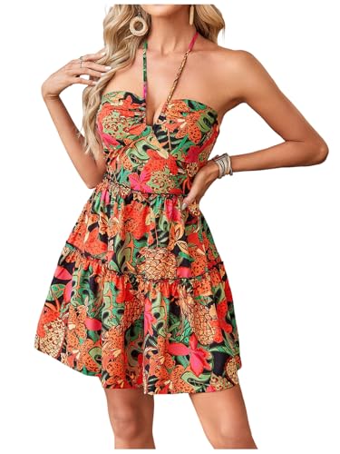 Image of Floerns Women's Floral Sleeveless Halter Dress Milkmaid Flare Hem Boho Mini Dress