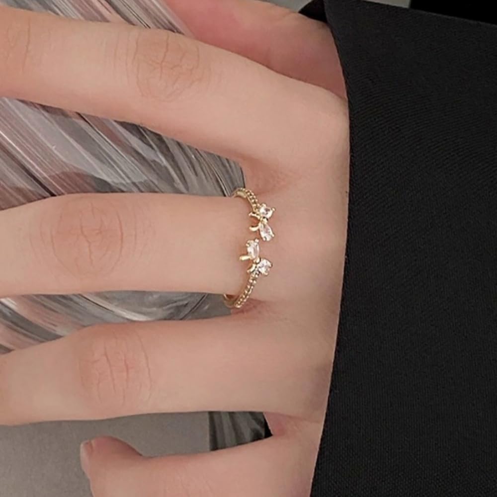 Kokoma Dainty Bow Knot Sterling Silver Ring for Women Cubic Zirconia Crystal Double Bows Wrap Finger Band Engagement Anniversary Wedding Rings Fashion Jewelry - Image 2