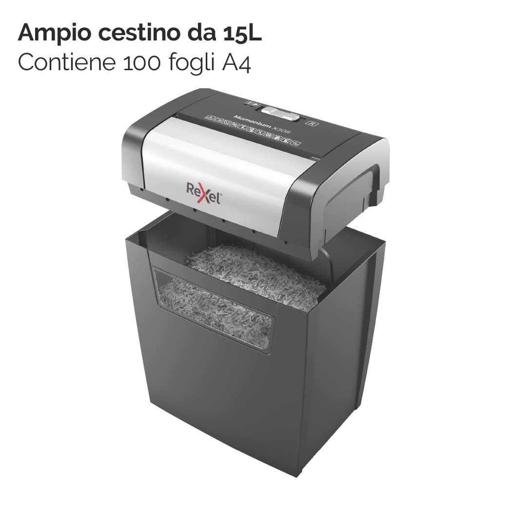 REXEL Momentum X308, Distruggidocumenti Manuale, 9-8 Fogli A4 (70-80 gr/mq), Taglio a Frammento, Livello di sicurezza P-3, per Uso Personale/Home Office, Capacità 15 Litri, 2104570EU